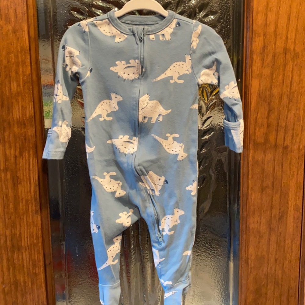 Old navy onesie, 6-9 months, blue with dinosaurs